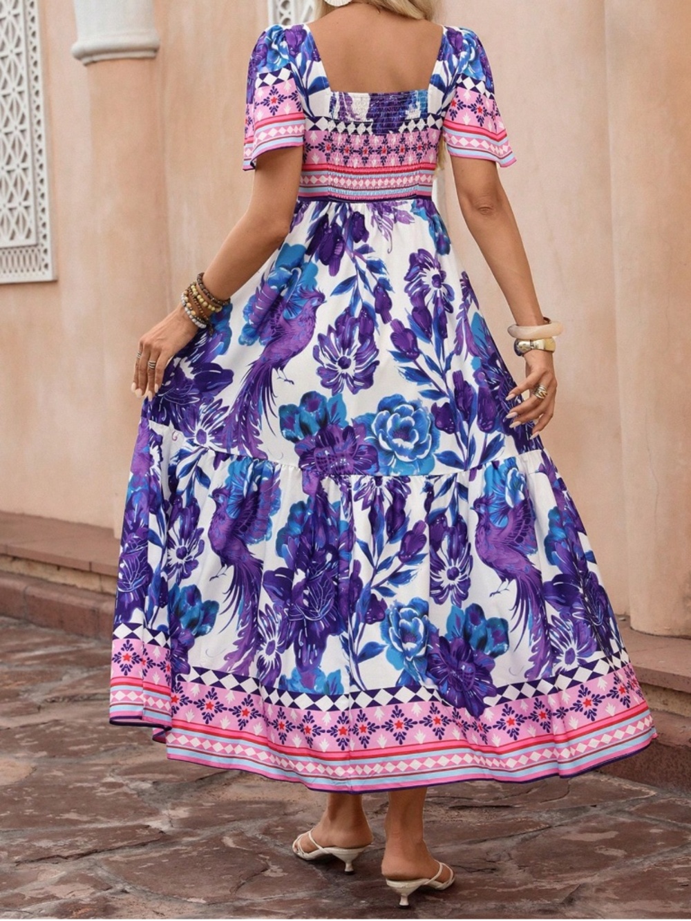Boho Floral Print Short Sleeve High Waisted Dress - Picture 5 of 5